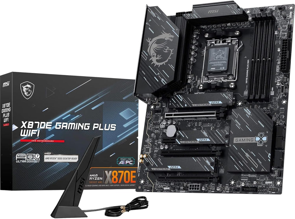 MSI X870E Gaming Plus WiFi Motherboard, ATX - Supports AMD Ryzen 9000/8000 / 7000 Processors, AM5-60A SPS VRM, DDR5 Memory Boost 8200+ MT/s (OC), PCIe 5.0 x16 & 4.0 x4, M.2 Gen5, Wi-Fi 7, 5G LAN