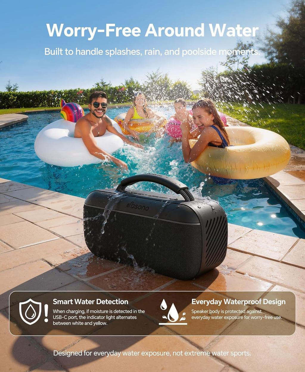 dbsono Portable Bluetooth Speaker Wireless: 100W(Peak) SoundPulse 2.0 with BassBoost, Waterproof Loud Party Speakers, Unlimited Pairing, TWS for Outdoor/Indoor, Beach Vacation Essential, Black