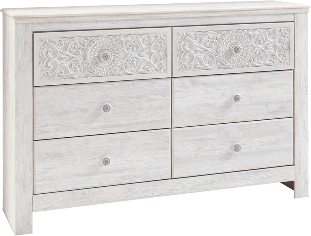 Signature Design by Ashley Paxberry Boho 6 Drawer Dresser, Smooth-gliding Faux Laminate Lined Drawers, Wood, 61.26" W x 15.83" D x 40" H, Whitewash