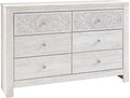 Signature Design by Ashley Paxberry Boho 6 Drawer Dresser, Smooth-gliding Faux Laminate Lined Drawers, Wood, 61.26" W x 15.83" D x 40" H, Whitewash