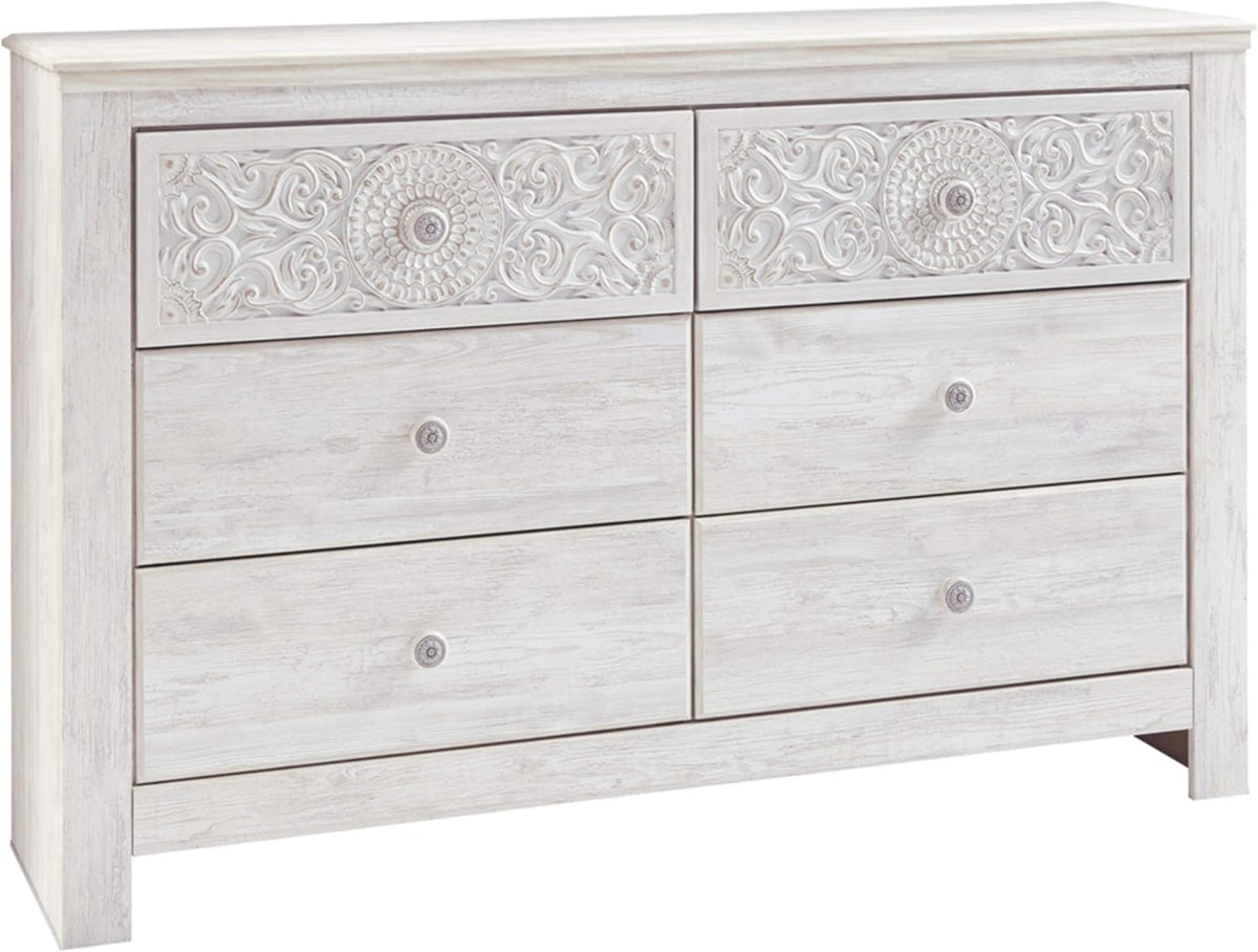 Signature Design by Ashley Paxberry Boho 6 Drawer Dresser, Smooth-gliding Faux Laminate Lined Drawers, Wood, 61.26" W x 15.83" D x 40" H, Whitewash