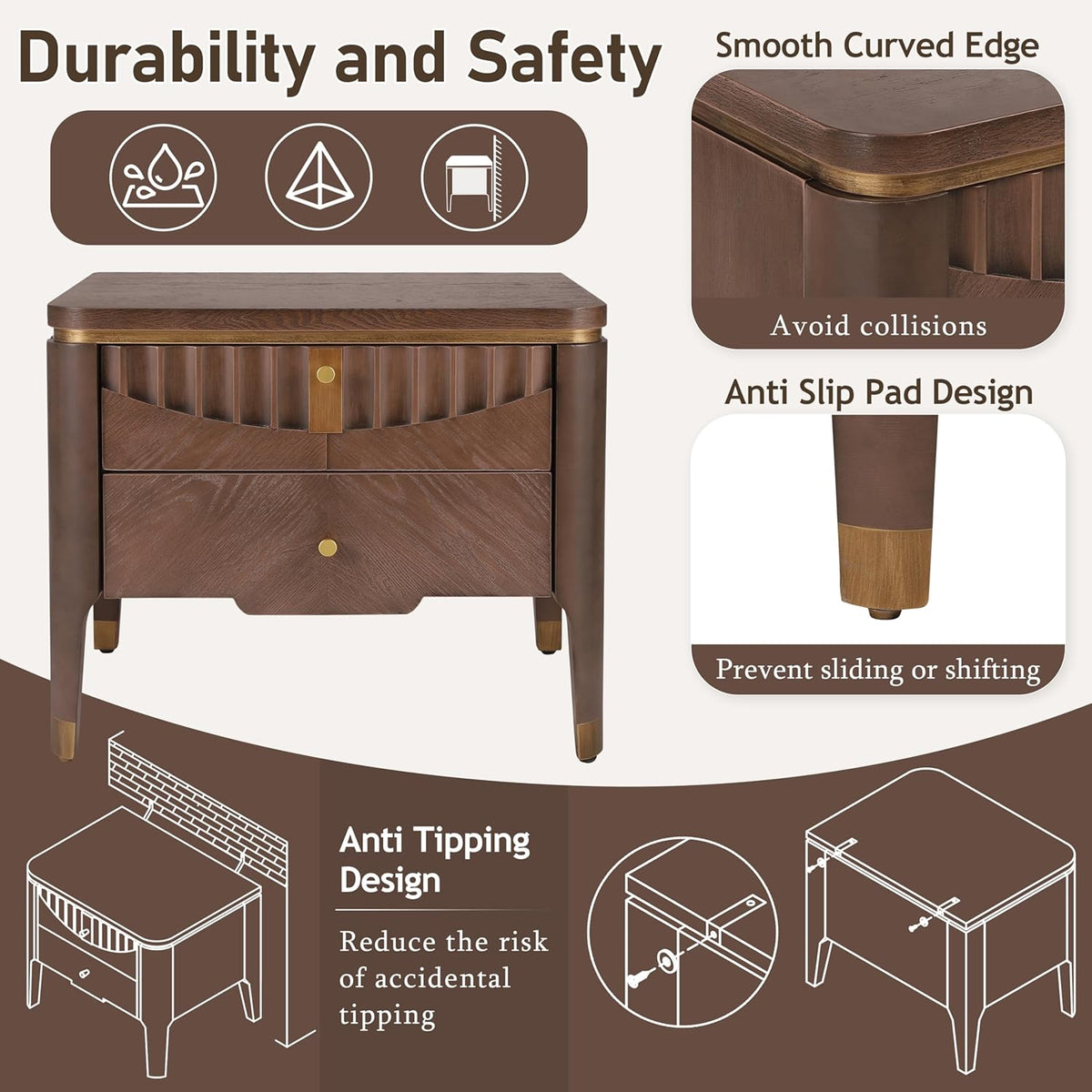 Christopher Knight Home Lehend Modern Rectangular Nightstand with Drawers, Bedside Table/End Table with Metal Button Handle for Bedroom/Living Room, Storage Cabinet with 2 Drawers, Brown