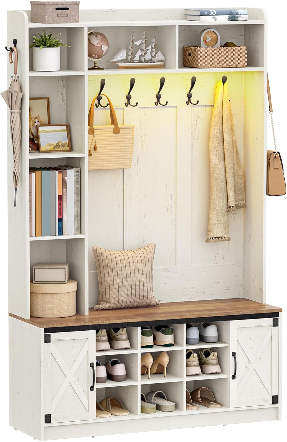 Hzuaneri 47.2" Hall Tree, LED Farmhouse Entryway Storage and Coat Rack Wood, Entryway Furniture with 7 Hooks, Hall Tree with Bench and Storage, 6 Storages Partitions Shoe Bench, Rustic White HT24514X