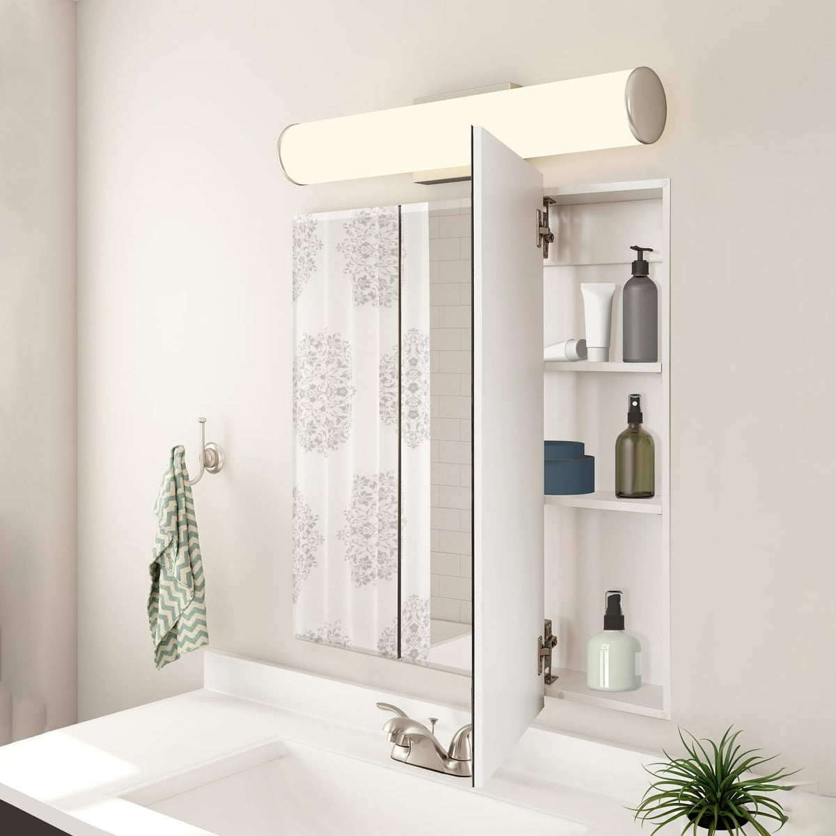 Design House Cyprus Bathroom Medicine Cabinet with Mirror, 25 Inch Recessed or Surface Mount Cabinet, 3 Frameless Mirrored Doors, 2 Shelves, White, Pre-Assembled, 597484