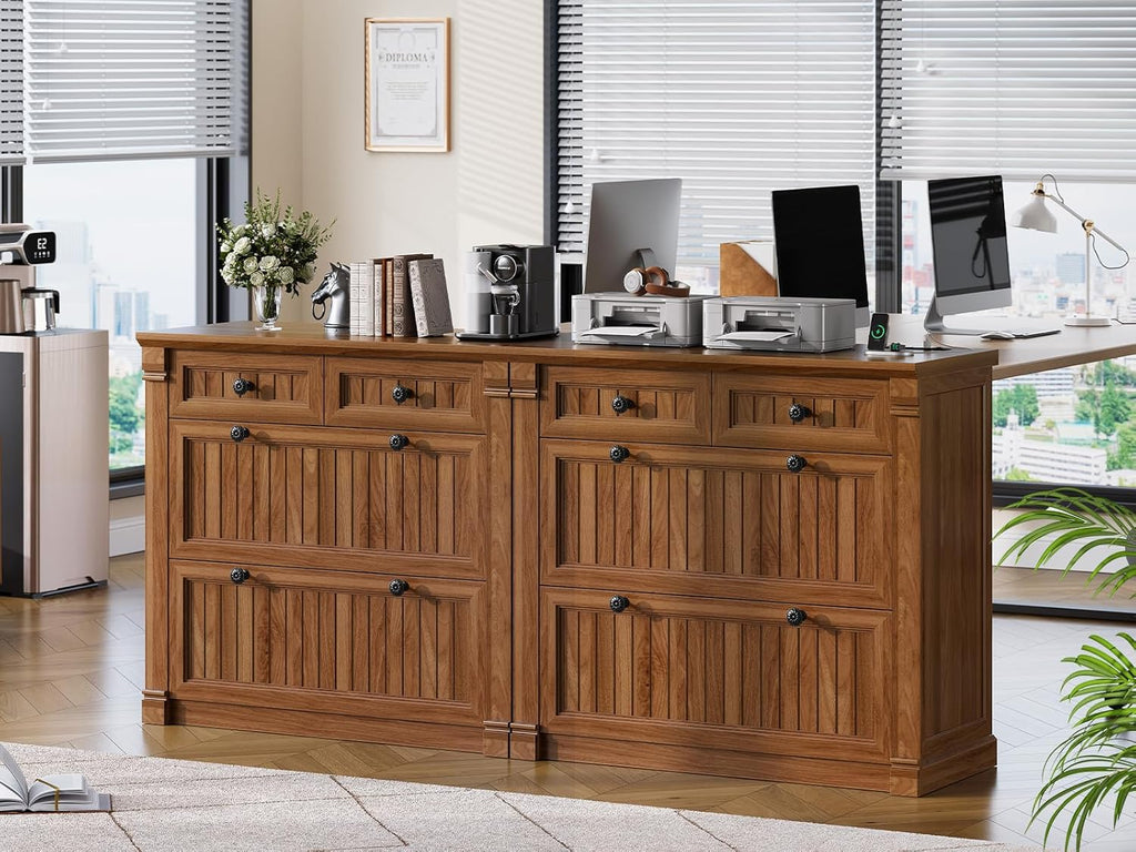 SEDETA 4 Drawers File Cabinet, 33" Farmhouse Filing Cabinets for Home Office fit Legal/Letter/A4 File, Wood Office File Cabinet with Power Outlets, Printer Stand with Storage, Brown