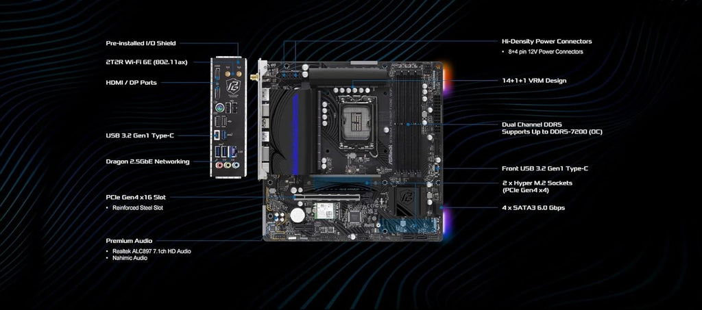 ASRock B760M PG Riptide WiFi Micro-ATX Motherboard | Supports 14th/13th/12th Gen Intel | DDR5 7200+ (OC) | WiFi 6E | 2.5G LAN | 14+1+1 Power Phase | Front & Rear USB-C