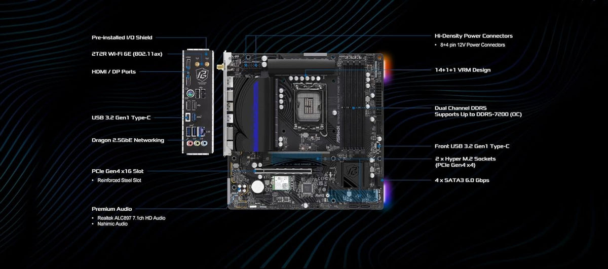 ASRock B760M PG Riptide WiFi Micro-ATX Motherboard | Supports 14th/13th/12th Gen Intel | DDR5 7200+ (OC) | WiFi 6E | 2.5G LAN | 14+1+1 Power Phase | Front & Rear USB-C