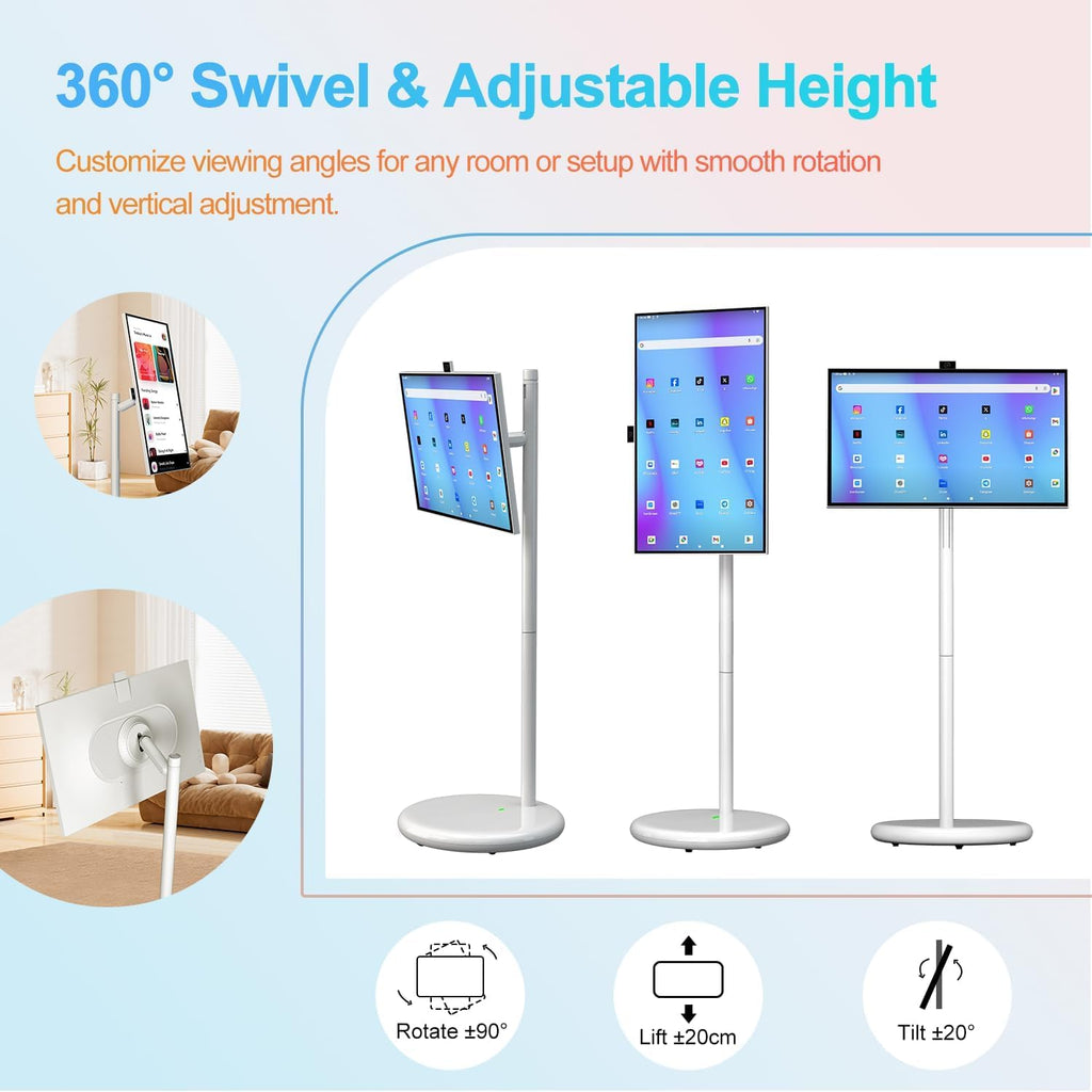 27" Portable Smart Touchscreen Tablet TV on Wheels, Android 15 OS Mobile Smart Display with Google EDLA Certification, 6GB+128GB, Built-in Battery, 4K Camera, Wireless Casting, Rotating Rolling Stand
