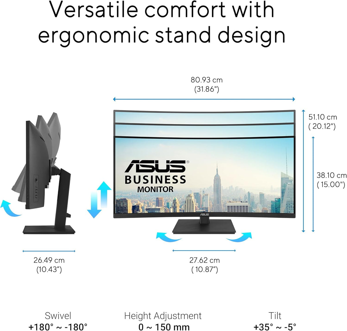 ASUS 34” Curved USB-C Docking Monitor (VA34VCPSR) - WQHD (3440x1440), 1500R Curvature, Frameless, USB-C PD 96W, RJ45, USB hub, Eye Care, Ergonomic, VESA Wall Mountable, 3 yr Warranty