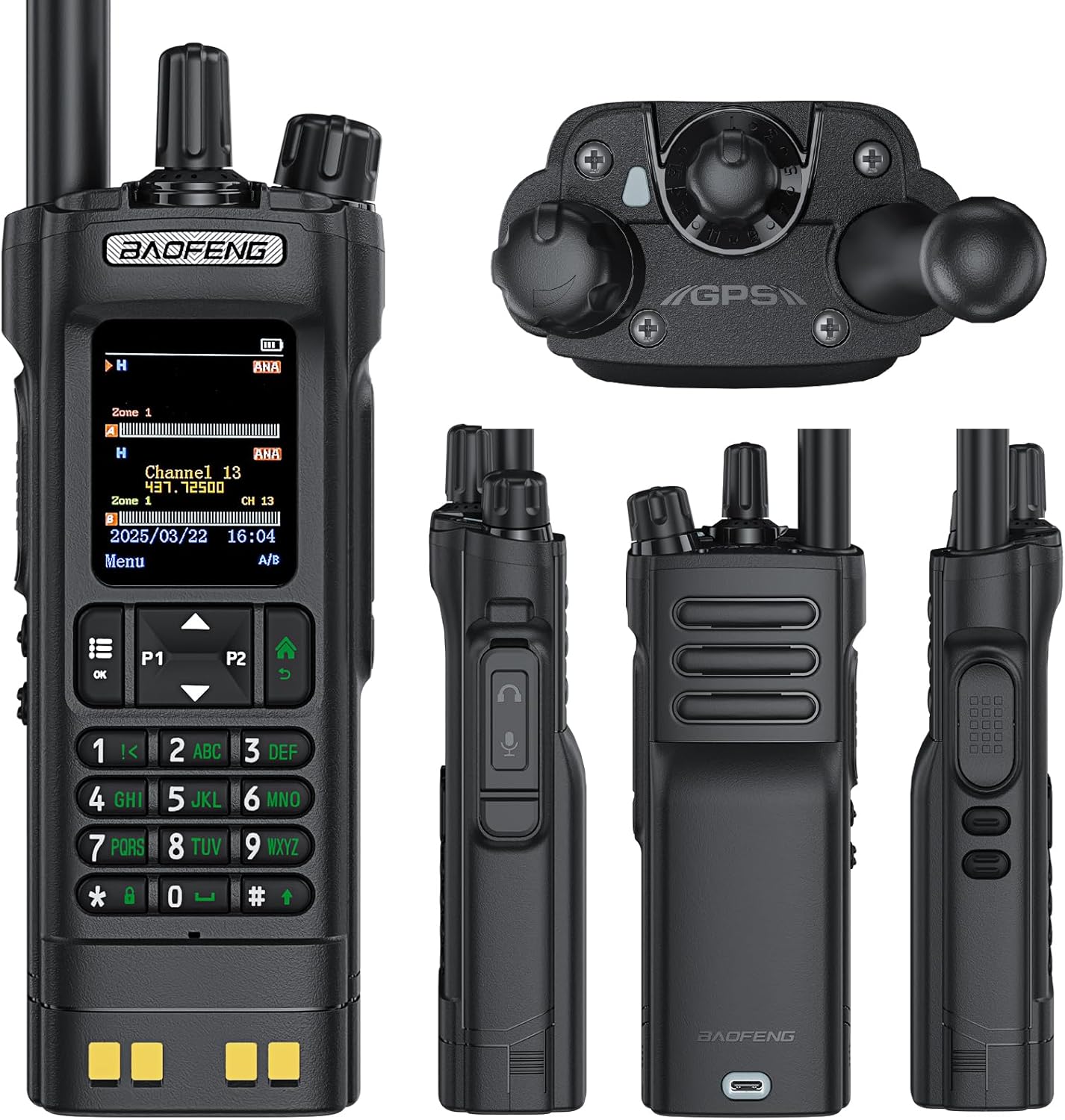 BAOFENG DM32 Dmr Radio,DM-32 Handheld Radio with USB-C Charging, GPS, 10W Long Range DM32UV Walkie Talkie for Emergency Rescue & Outdoor Sports (1Pack Black+Dual Section Antenna+Radio Holster)