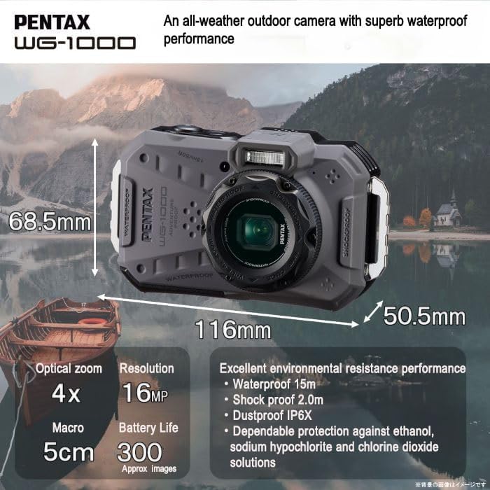 PENTAX WG-1000 Olive Waterproof Digital Compact Camera, Designed for Casual Outdoor and Underwater Photography, Waterproof to a Depth of 15 Meters, for up to one Hour of Continuous Operation