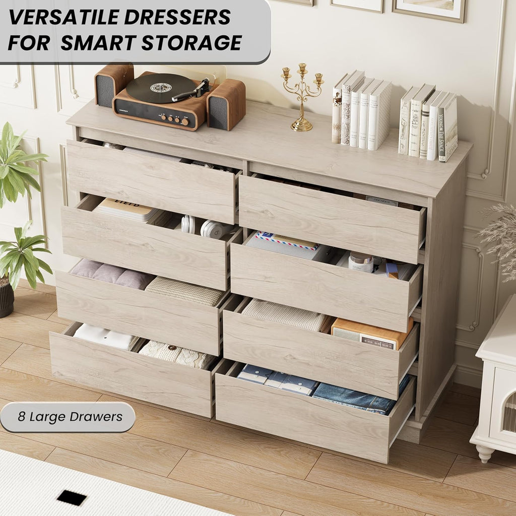 GarveeHome 8 Drawer Dressers for Bedroom, Chest of Drawers with Deep Drawers, Large Double Dresser for Closet with Wide Top, Horizontal Wooden Dresser for Living Room, Hallway, Kids Room, Oak