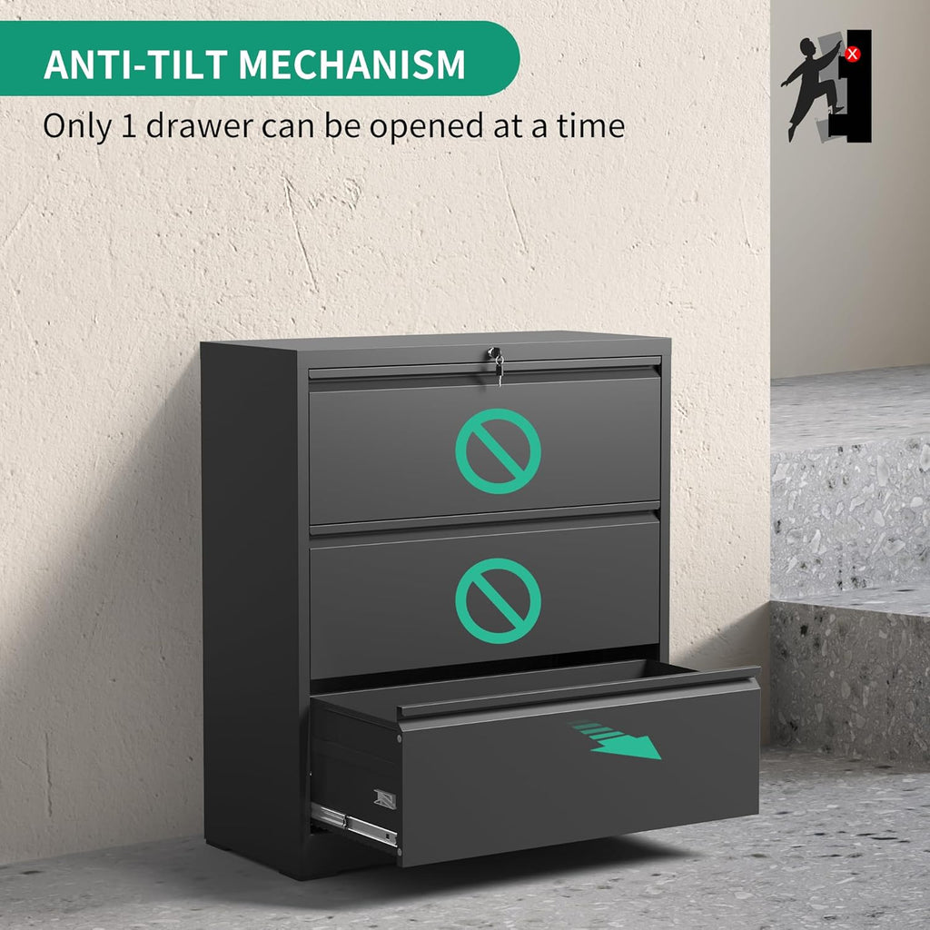 IKIMI 3 Drawer Lateral File Cabinets with Lock,Black Metal Lateral Filing Cabinet for Home Office,Wide Steel Storage Cabinet Commercial Drawer Cabinets for Legal/Letter/A4 Size Files Assembly Required