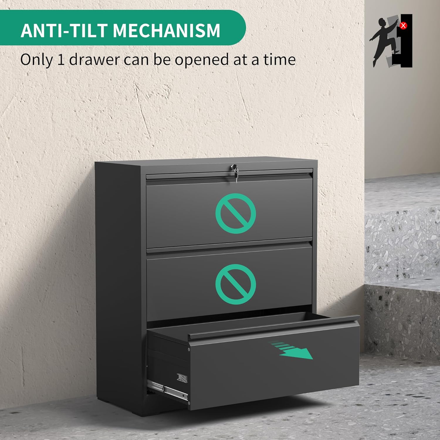 IKIMI 3 Drawer Lateral File Cabinets with Lock,Black Metal Lateral Filing Cabinet for Home Office,Wide Steel Storage Cabinet Commercial Drawer Cabinets for Legal/Letter/A4 Size Files Assembly Required
