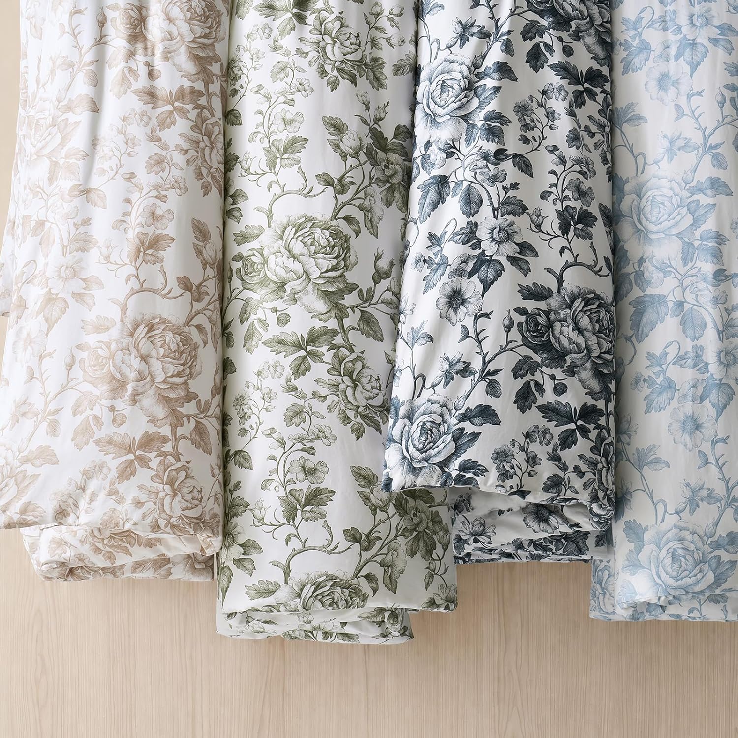 EverGrace 100% Cotton Sateen Duvet Cover Set Queen Size, 3 Piece Floral Toile Bedding Set, Pre-Washed Soft & Breathable, Button Closure with 2 Pillow Shams, Blue Linen, 90"x92"