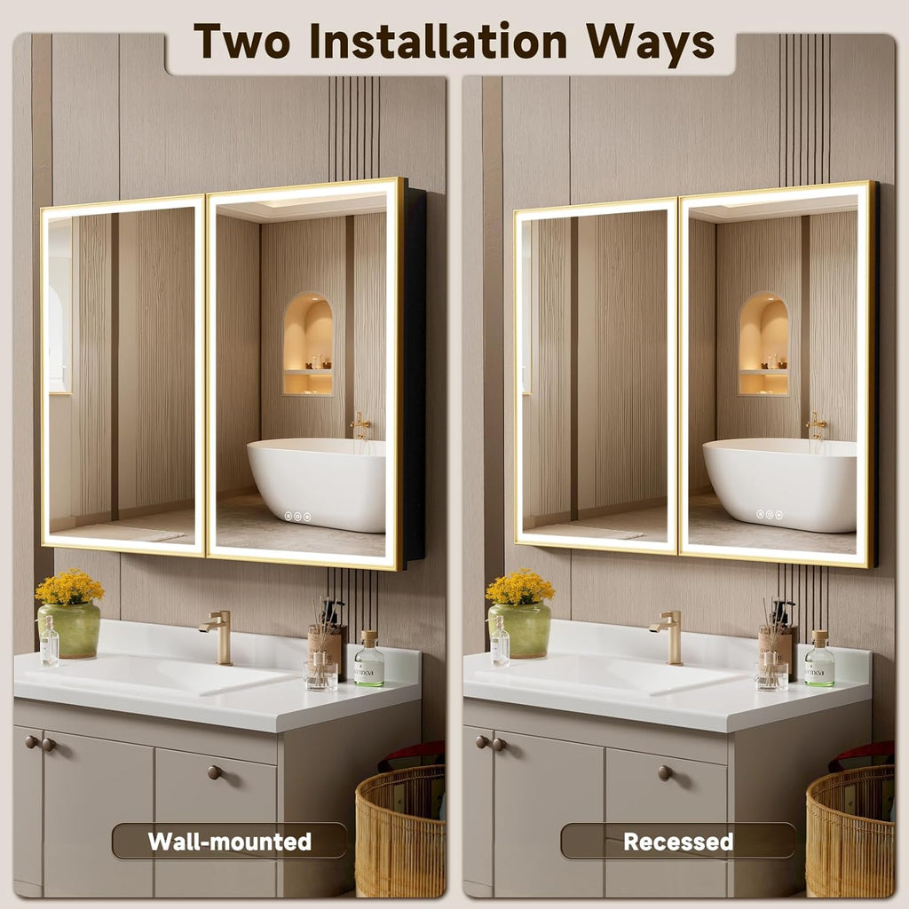 16X24 Inches Framed Medicine Cabinet with Lights, Bathroom Medicine Cabinet with 3-Color/Dimmable, Anti-Fog, Plug-in & Hardwired, Surface Mount & Recessed