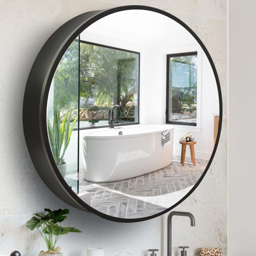 Movo Round 30 Inch x 30 Inch Black Metal Framed Bathroom Mirror Medicine Cabinet, Circular Storage Cabinet Surface Mounted