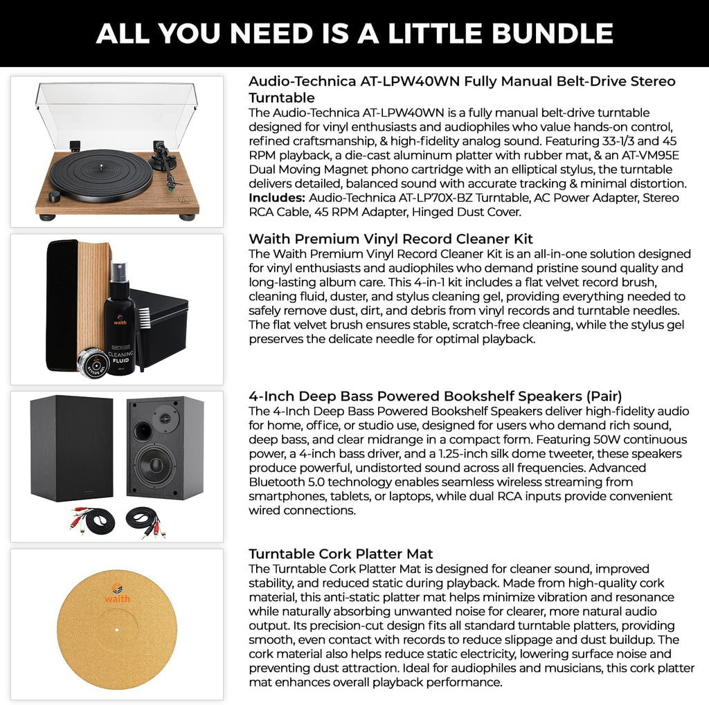 Audio-Technica AT-LPW40WN Fully Manual Belt-Drive Stereo Turntable (Walnut) with 4 Inch Powered Bookshelf Speakers (Pair), Premium Vinyl Record Cleaning Kit and Cork Turntable Platter Mat - Bundle Set