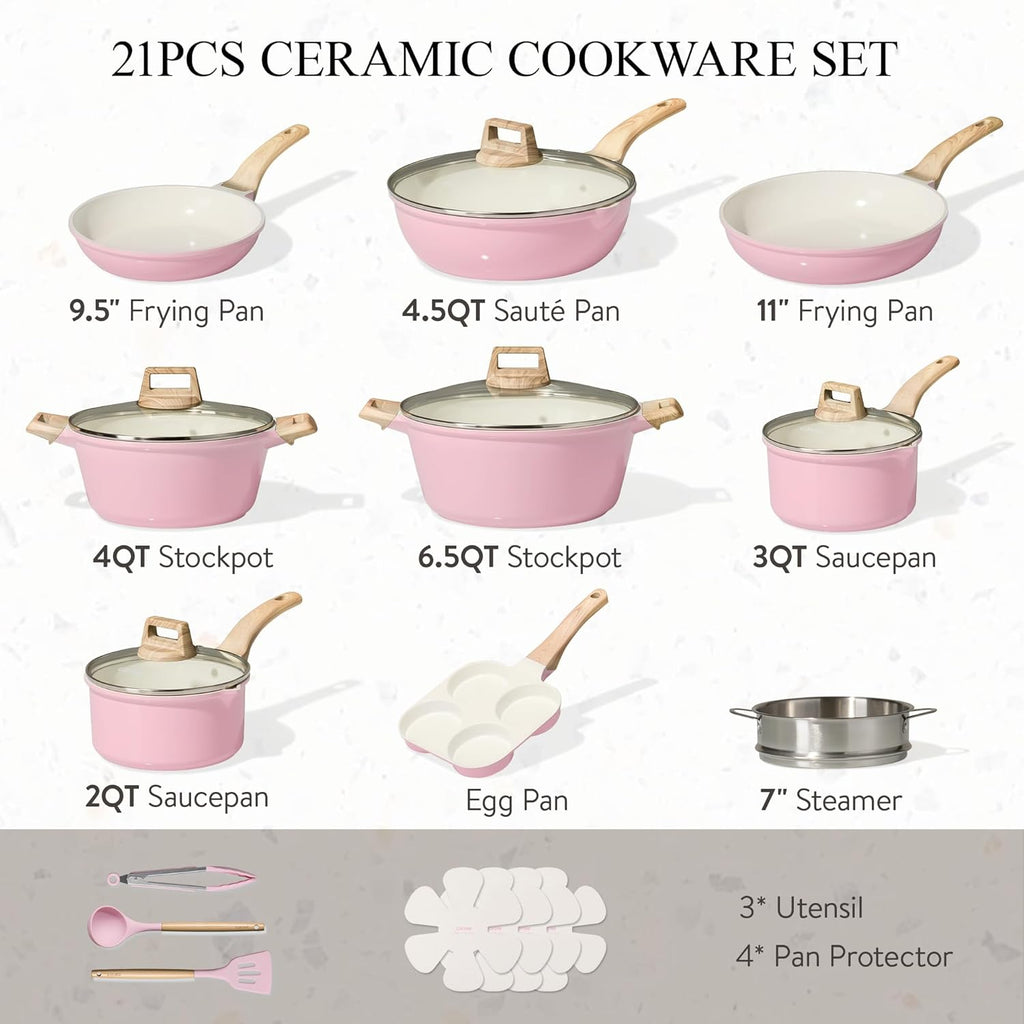 CAROTE 21 PCS Ceramic Cookware Set, Pots and Pans Set Non Stick, Pot and Pan Set with Frying pan, Induction Ready Cooking Set for Kitchen, PFOS/PFOA/PFAS Free, Pink