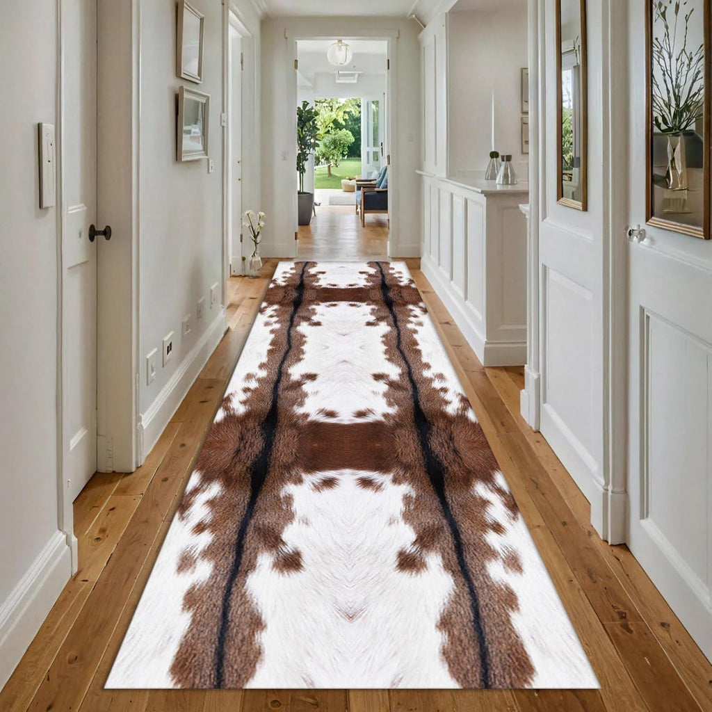 4x12ft Cow Hide Long Runner Rugs,Black White Brown Cow Print Washable Rug Low Pile No Shedding Hallway Runners Western Decor Indoor Mats for Entryway Laundry Room