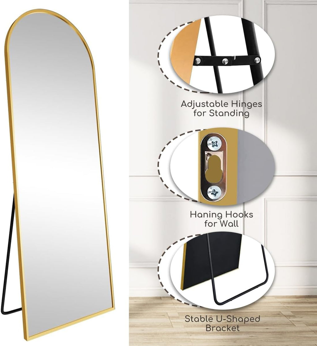 Prywot Arched Full Length Mirror, 70"x26" Free Standing Floor Mirror, Modern Full Body Mirrors with Stand, Wall Mirrors with Aluminum Alloy Frame for Bedroom,Living Room, Gold