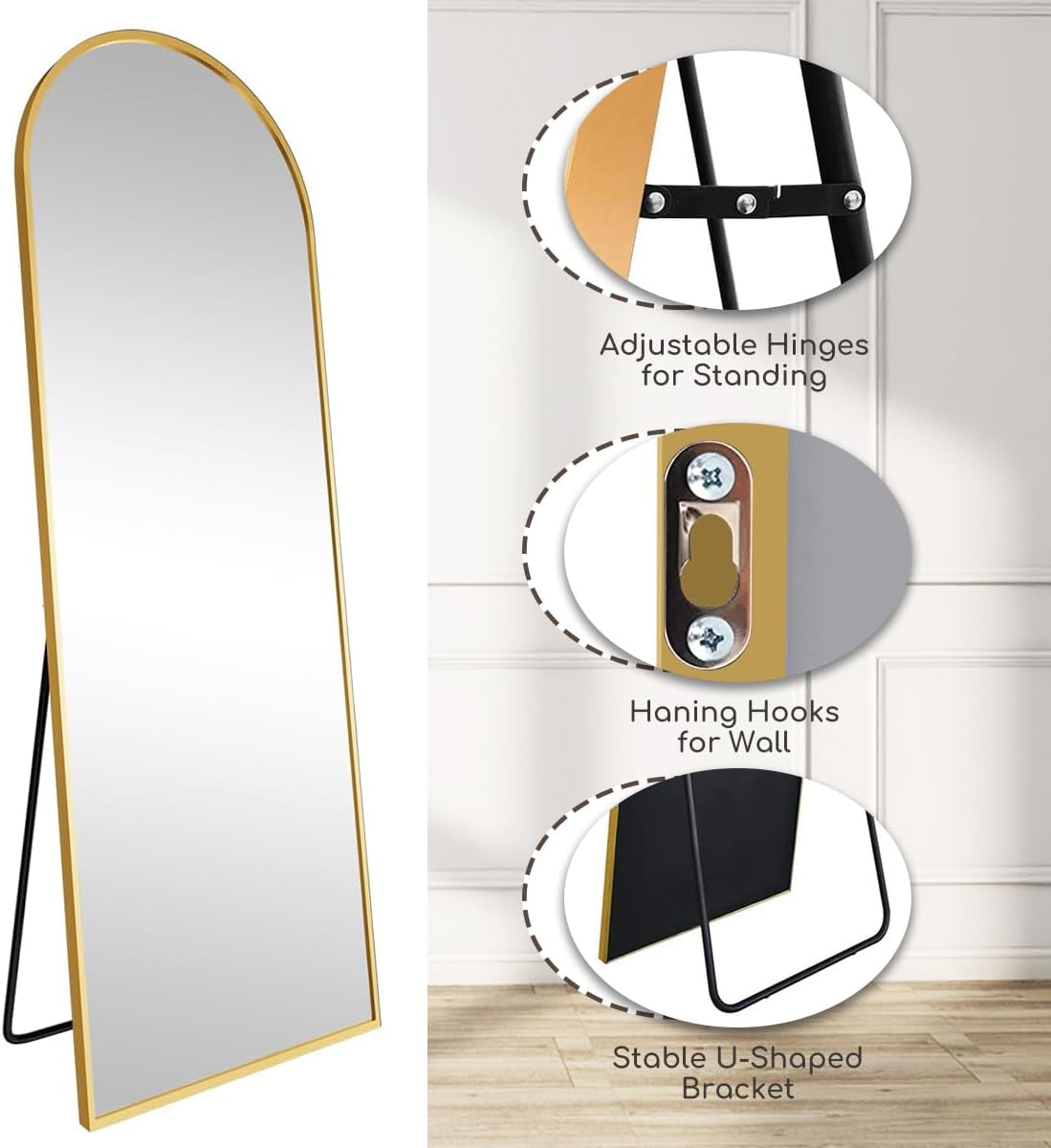 Prywot Arched Full Length Mirror, 70"x26" Free Standing Floor Mirror, Modern Full Body Mirrors with Stand, Wall Mirrors with Aluminum Alloy Frame for Bedroom,Living Room, Gold