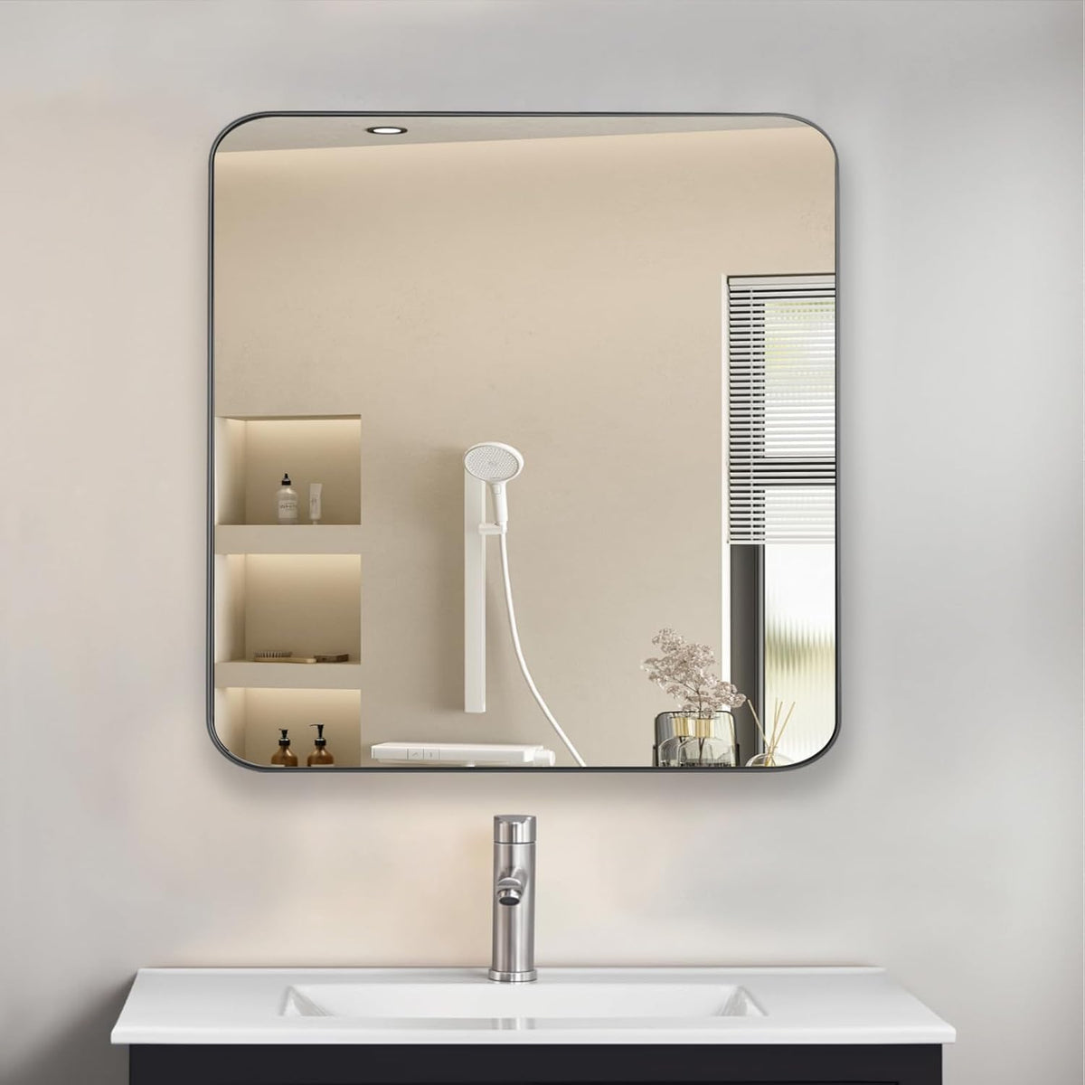 20" x 20" Bathroom Medicine Cabinet, Recessed or Surface Mount Square Mirror Cabinet with Stainless Steel Frame,Adjustable Metal Shelves, Wall Mounted Vanity Mirror with Bathroom Storage