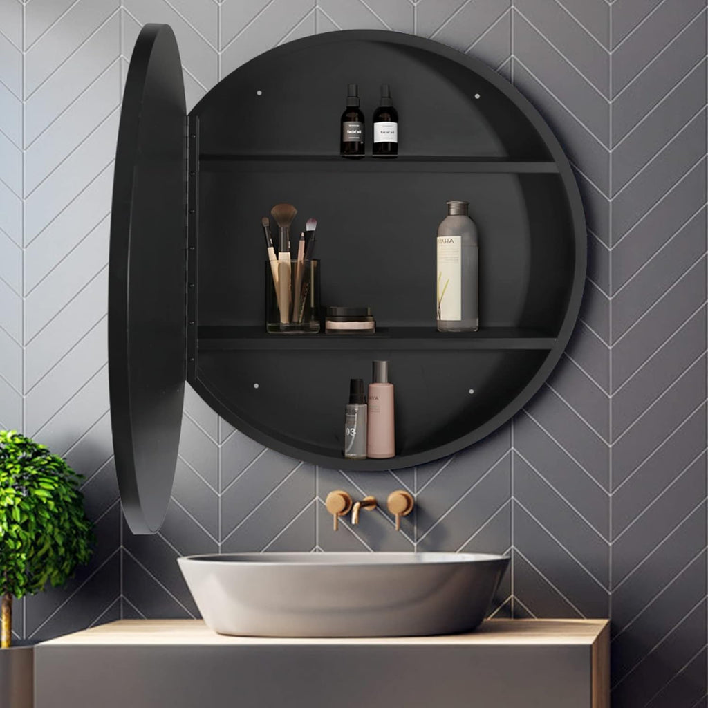 Movo Round 30 Inch x 30 Inch Black Metal Framed Bathroom Mirror Medicine Cabinet, Circular Storage Cabinet Surface Mounted