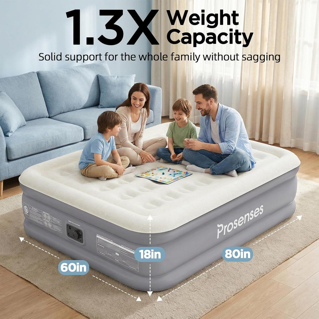 Queen Air Mattress with Built-in Pump 18in, 3-Layer Fabric-Laminated Side Walls Anti-Leak, Honeycomb Coil-Beam Support 800 LBS, 3-Min Inflation Blow up Air Mattress for Home Guests Camping