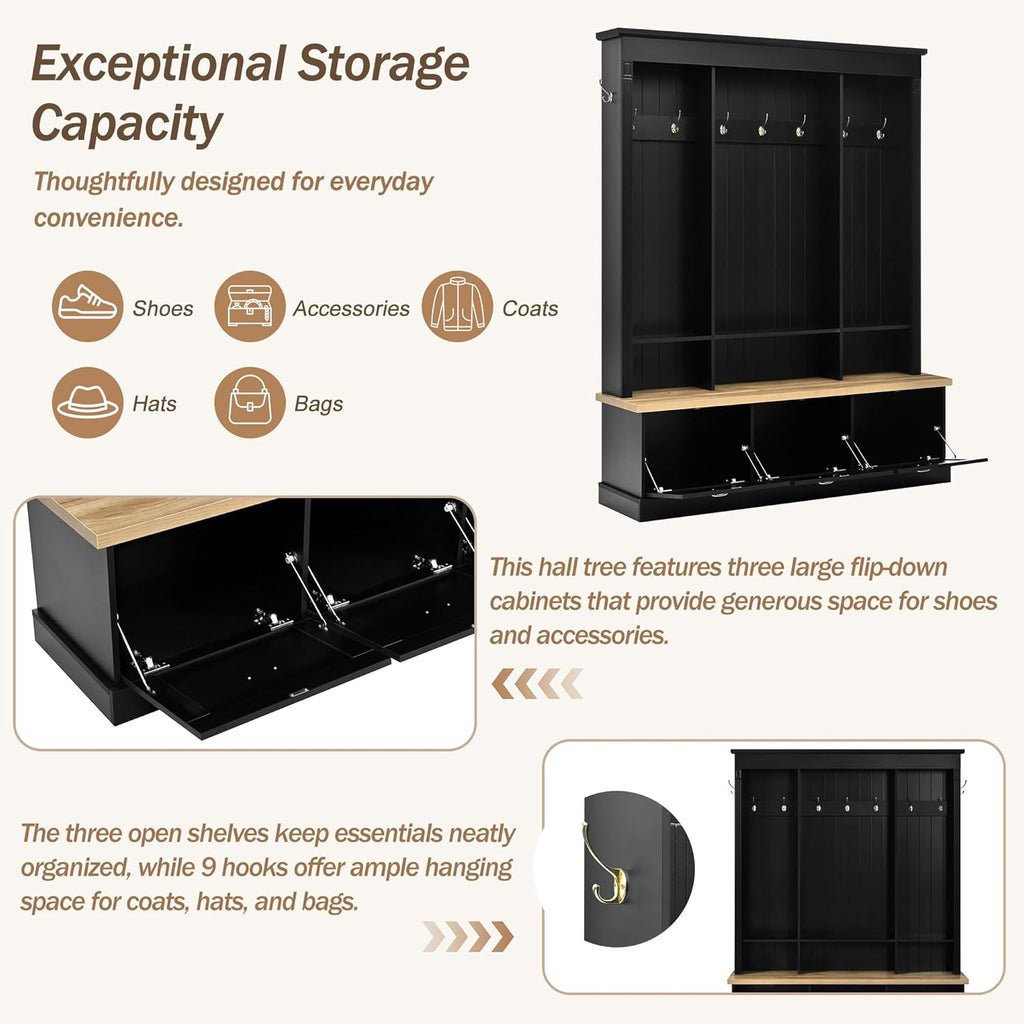 Elegant APP Controlled LED Light Hall Tree with 9 Golden Hooks, Roman Column Design Natural Storage Bench with 3 Large Cabinets, Farmhouse Entryway Organizer with Shelves for Mudroom, Hallway, Black