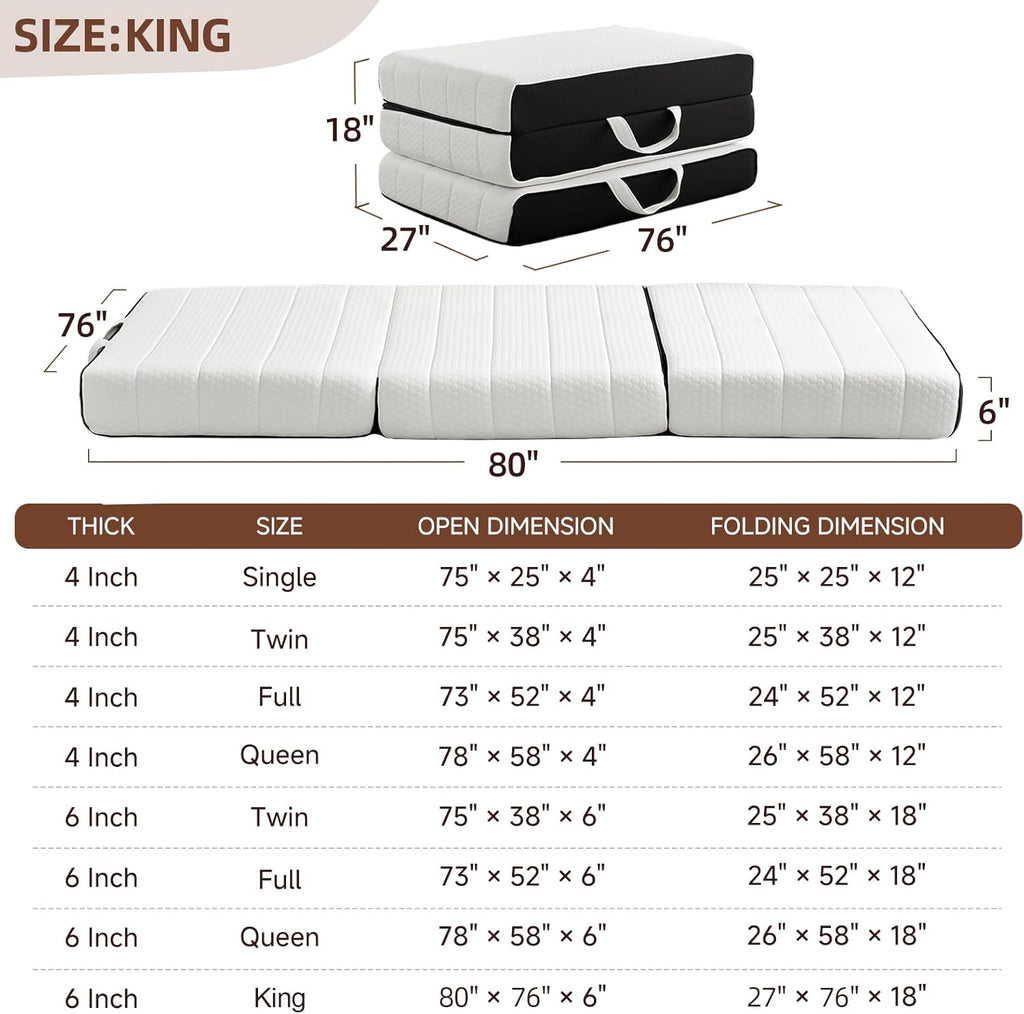 ROXGOX Foldable Mattress, King Tri-Fold Memory Foam Mattress with Washable Cover, Handle & Non-Slip Bottom, 6 Inch Portable Folding Bed for Guest, Yoga, Living Room, Camping - 80"x76"x6"