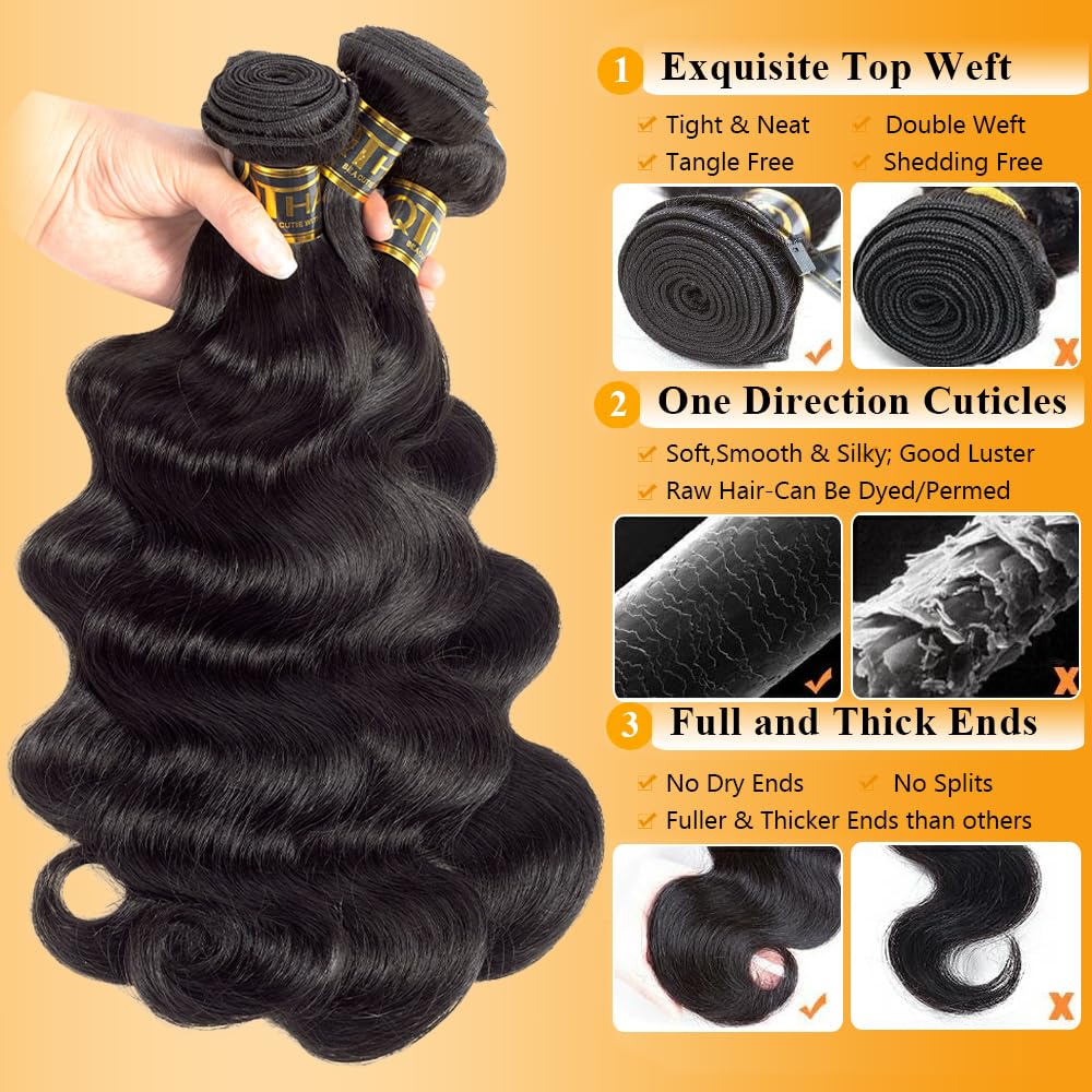 QTHAIR Brazilian Virgin Hair 18A Grade Body Wave Bundles 100% Unprocessed Virgin Brazilian Body Wavy Human Hair Bundles 20" 18" 16" 300g Brazilian Body Wave Human Hair Extensions