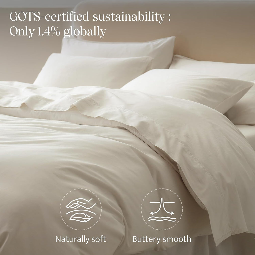 Double Stitch 100% GOTS Organic Cotton Duvet Cover, Washed Cotton Queen Size Duvet Covers Set, 300 TC Luxury Hotel Sateen Weave 3PCS Bedding Set, Soft Long Staple Cotton, Made in India, Coconut White