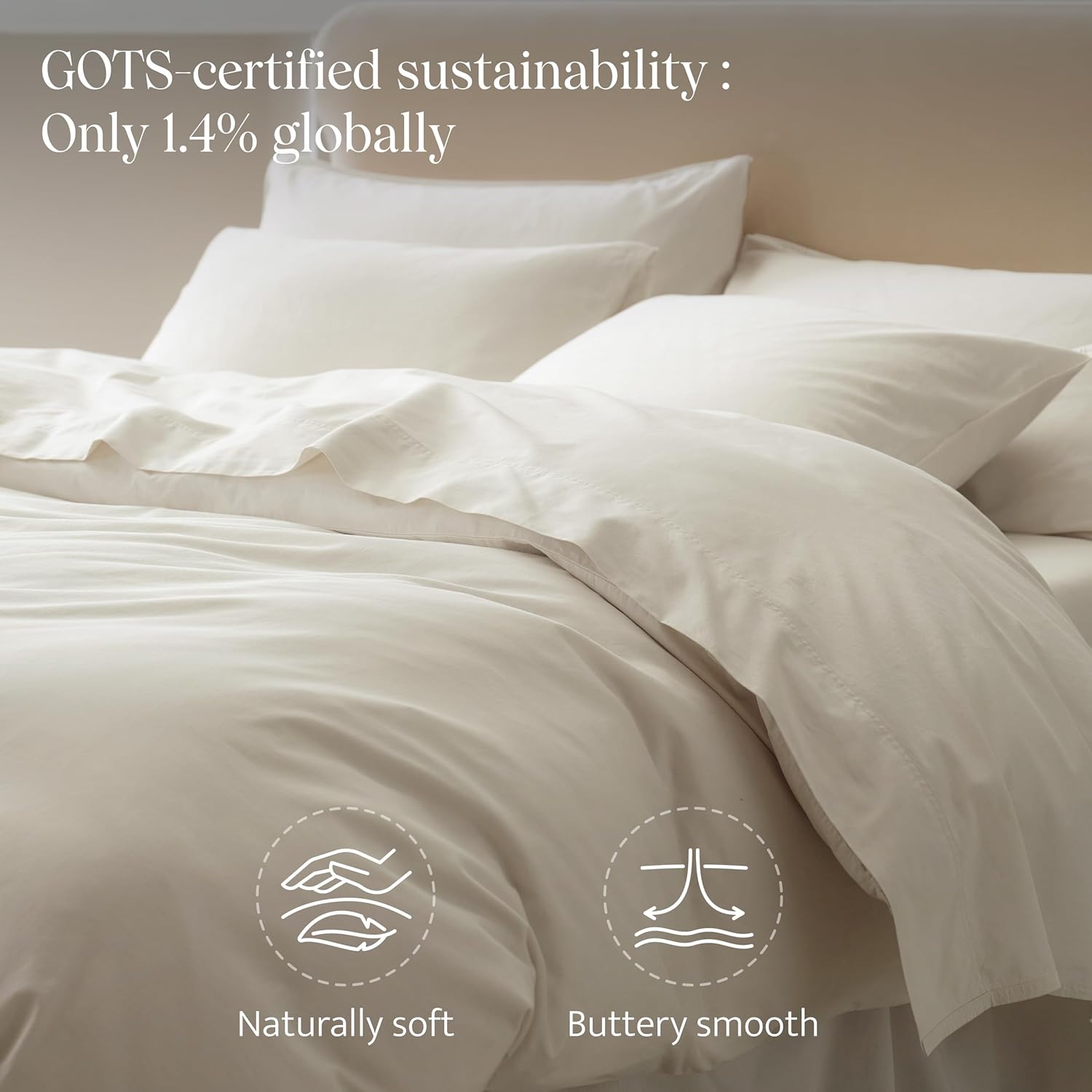 Double Stitch 100% GOTS Organic Cotton Duvet Cover, Washed Cotton Queen Size Duvet Covers Set, 300 TC Luxury Hotel Sateen Weave 3PCS Bedding Set, Soft Long Staple Cotton, Made in India, Coconut White