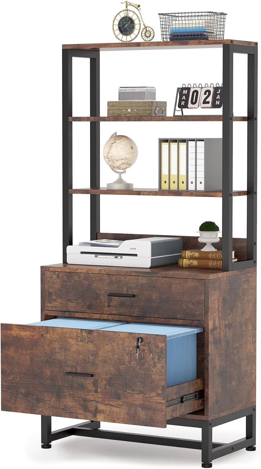 Tribesigns 2 Drawer Lateral File Cabinet with Lock, Letter Size Large Modern Filing Cabinet Printer Stand with Open Storage Shelves for Home Office, Dark Brown