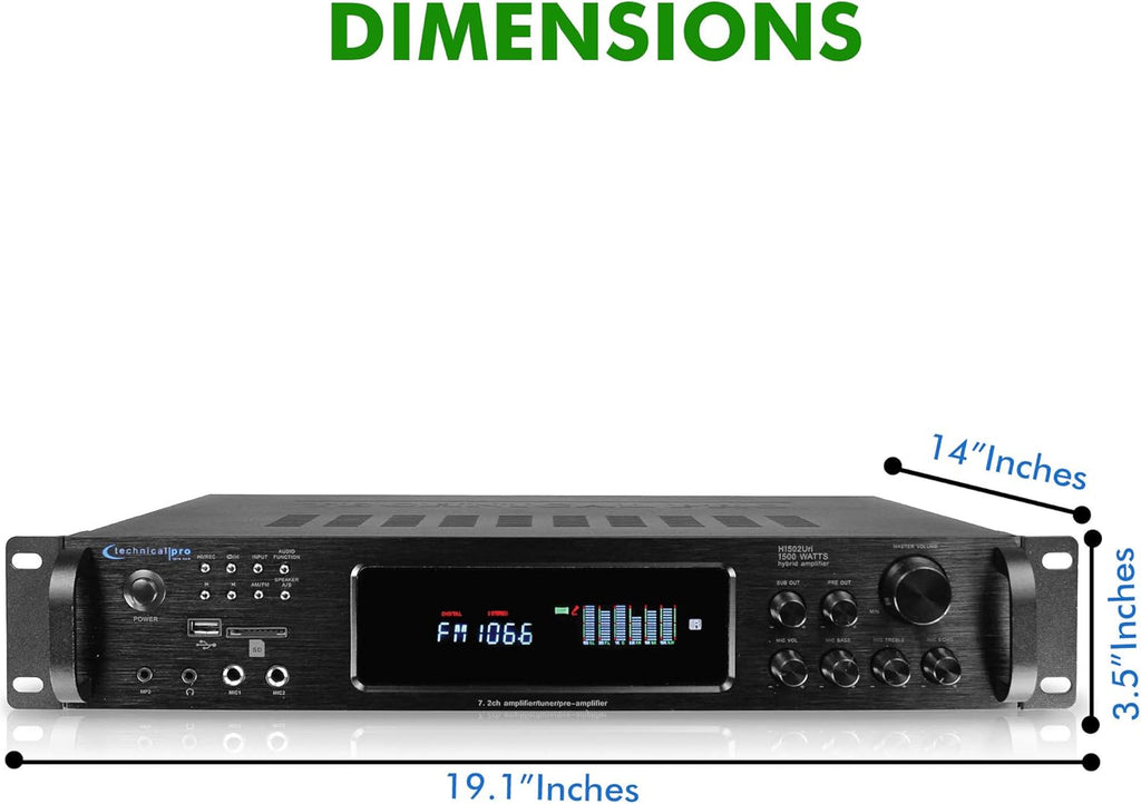 Bluetooth Home Stereo Amplifier, Digital Hybrid Multi Channel, 1500 Watt, Preamp, Tuner with USB and SD Inputs, 2 Mic Inputs, AM/FM digital tuner, Wireless Remote, Bass & Treble Controls