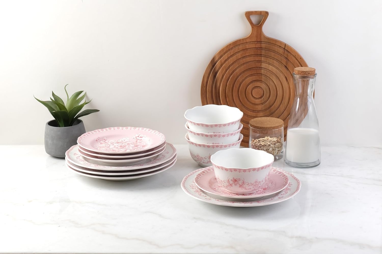 222 Fifth Genevieve 12-Piece Pink Porcelain Dinnerware Set | Microwave and Dishwasher Safe Big Dinner Plates and Bowls Sets for 4 | Chip-Resistant Blush Ceramic | Gifts for Housewarming & Wedding
