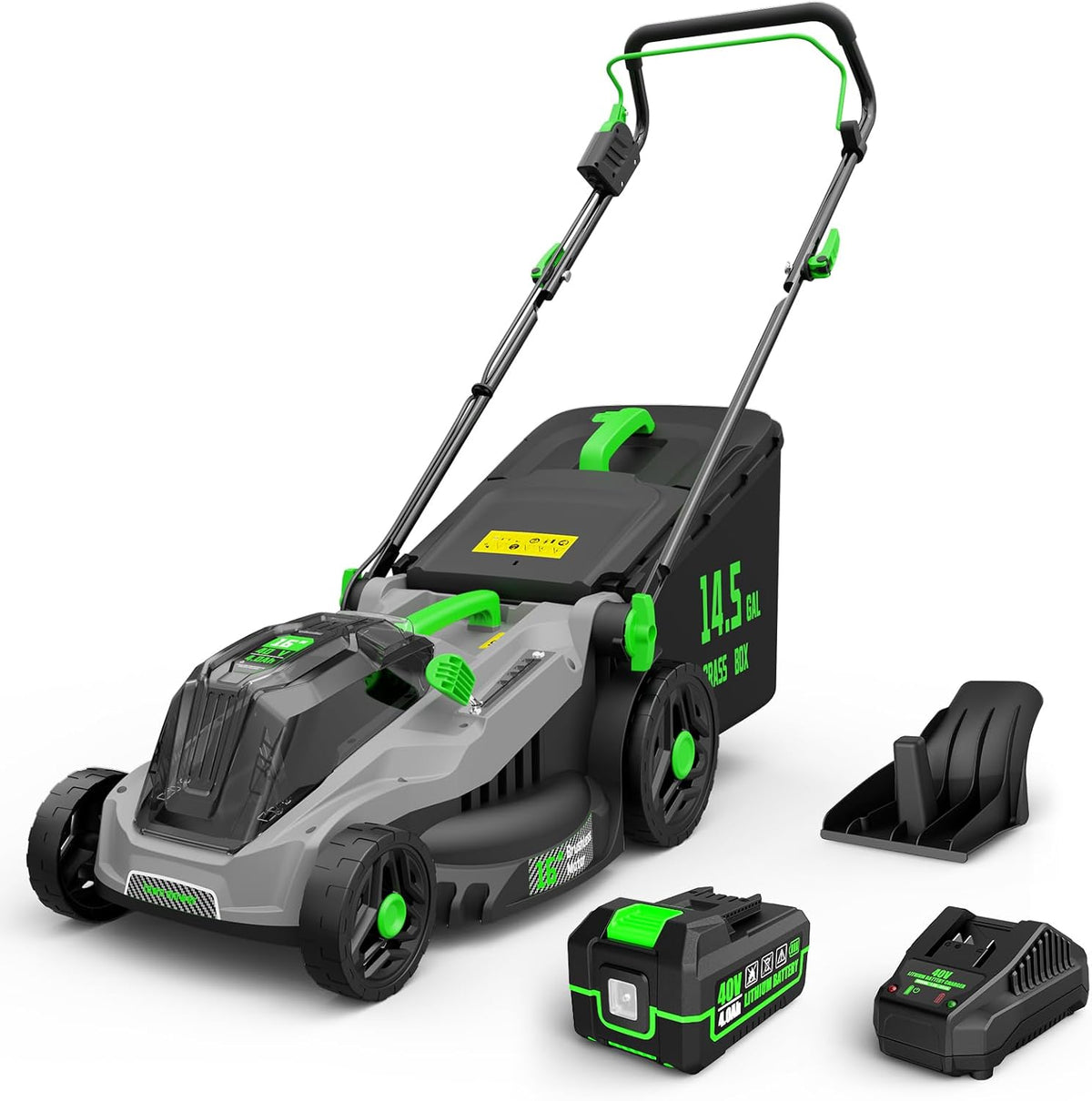 TIECTOWN 40V 16-Inch Brushless Cordless Lawn Mower with 4.0Ah Battery & Charger, 2-in-1 Electric Push Mower, 5-Position Height Adjustment, Lightweight, Compact Storage, for Small Yards - Green