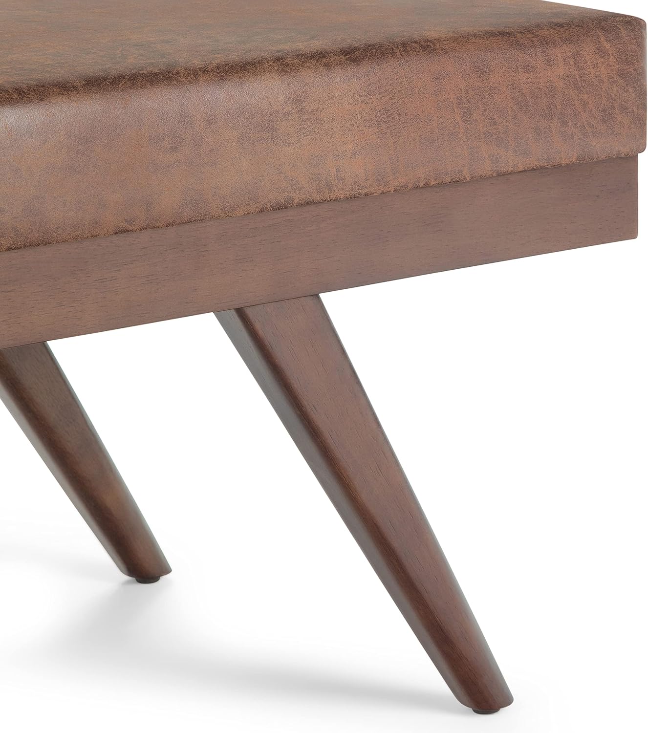 SIMPLIHOME Chanelle Ottoman Bench - 48 inch Wide Upholstered Vegan Leather Rectangle Ottoman in Distressed Umber Brown, Mid Century Modern Bench for Bedroom with Flared Tapered Legs, Assembled