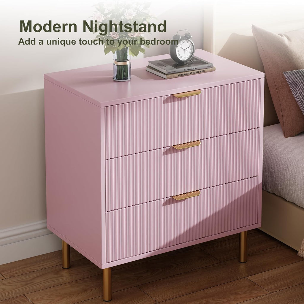 IDEALHOUSE Pink Dresser, Modern 3 Drawer Dresser for Bedroom with Gold Handle and Large Drawer, Wood Double Chest of Drawers and Storage Organizer for Living Room, Hallway, Entryway