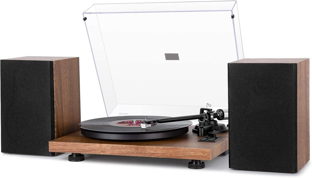 1 BY ONE Bluetooth Turntable HiFi System with 36 Watt Bookshelf Speakers, Patend Designed Vinyl Record Player with Magnetic Cartridge, Wireless Playback and Auto Off (Walnut)