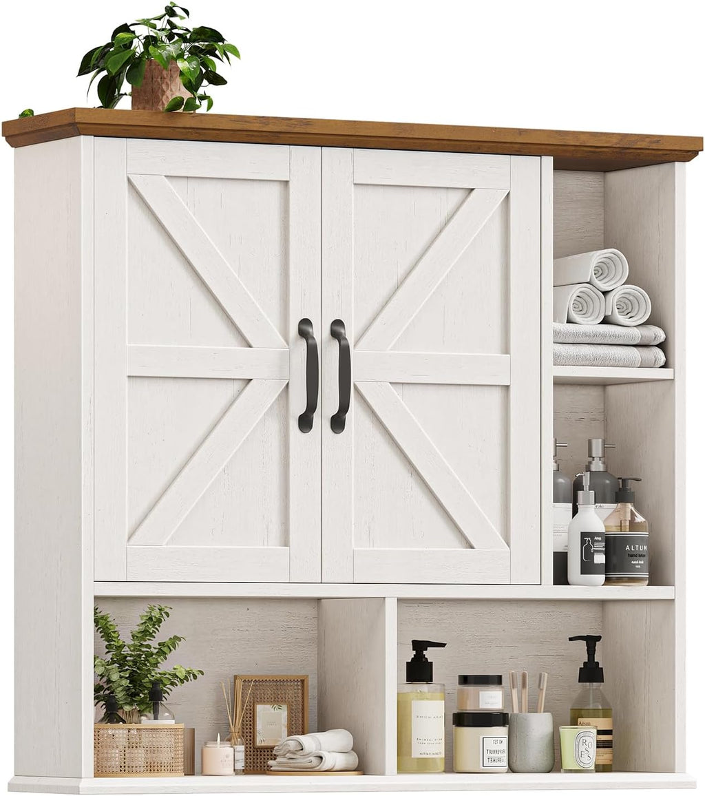 Bathroom Wall Cabinet, Farmhouse Medicine Cabinet with Double Barn Door and Adjustable Wood Shelf, Over The Toilet Storage Cabinet for Wall Mounted for Bathroom Laundry Room Kitchen (White and Brown)