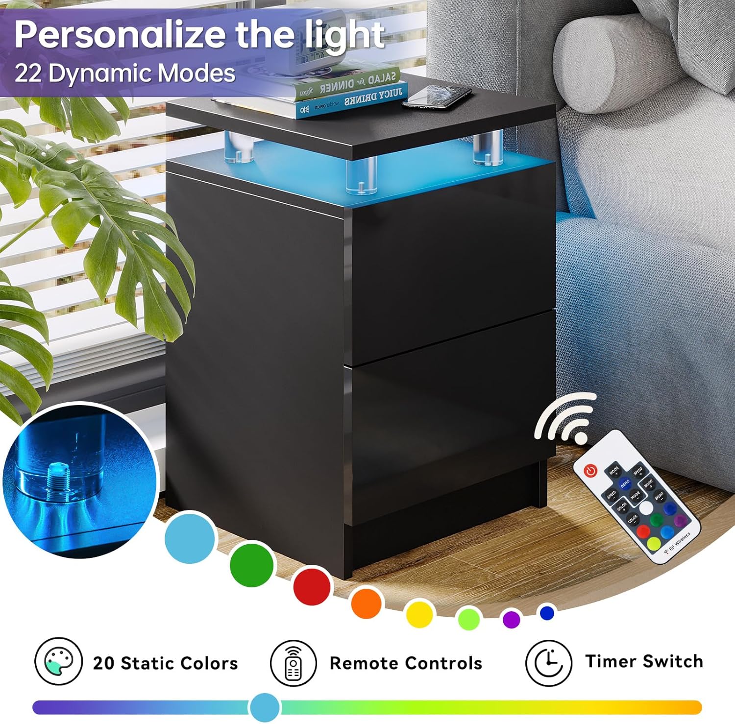 4-Piece Modern Living Room Table Set, Includes High Gloss 70" Fireplace TV Stand, 47" LED Coffee Table and 15" End Tables Set of 2 with Storage Drawers, Black