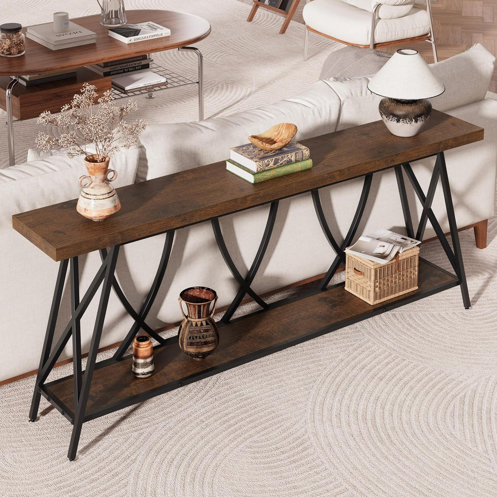 JUSTOGO 70.9" Narrow Console Table for Entryway, Industrial Long Sofa Table Behind Couch, Farmhouse Hallway Table with Storage for Living Room, Entrance, Foyer, Rustic Brown