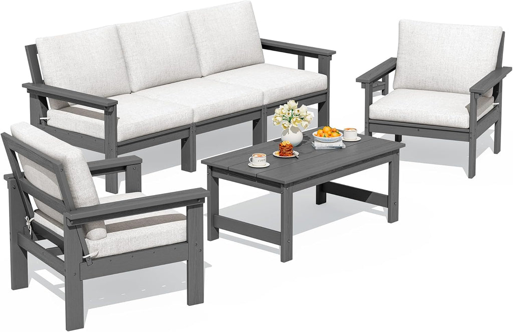 SERWALL HDPE Patio Conversation Set, 6-piece Sectional Outdoor Furniture Set, All Weather Outdoor Couch Set Patio Furniture Set for Deck, Lawn, Grey Frame with Khaki Cushion