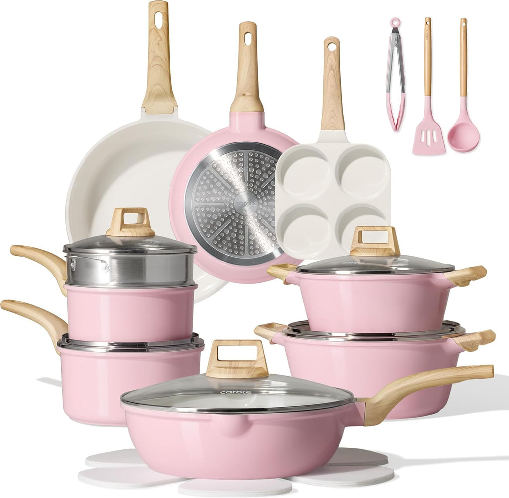 CAROTE 21 PCS Ceramic Cookware Set, Pots and Pans Set Non Stick, Pot and Pan Set with Frying pan, Induction Ready Cooking Set for Kitchen, PFOS/PFOA/PFAS Free, Pink