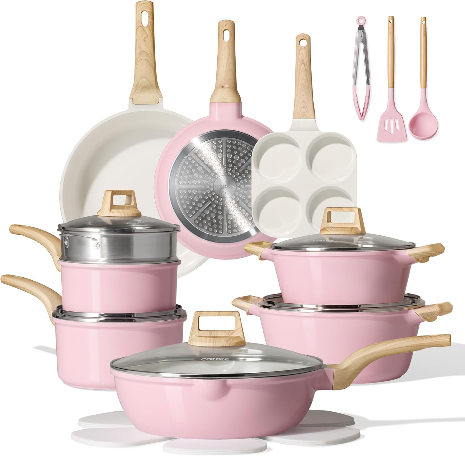 CAROTE 21 PCS Ceramic Cookware Set, Pots and Pans Set Non Stick, Pot and Pan Set with Frying pan, Induction Ready Cooking Set for Kitchen, PFOS/PFOA/PFAS Free, Pink