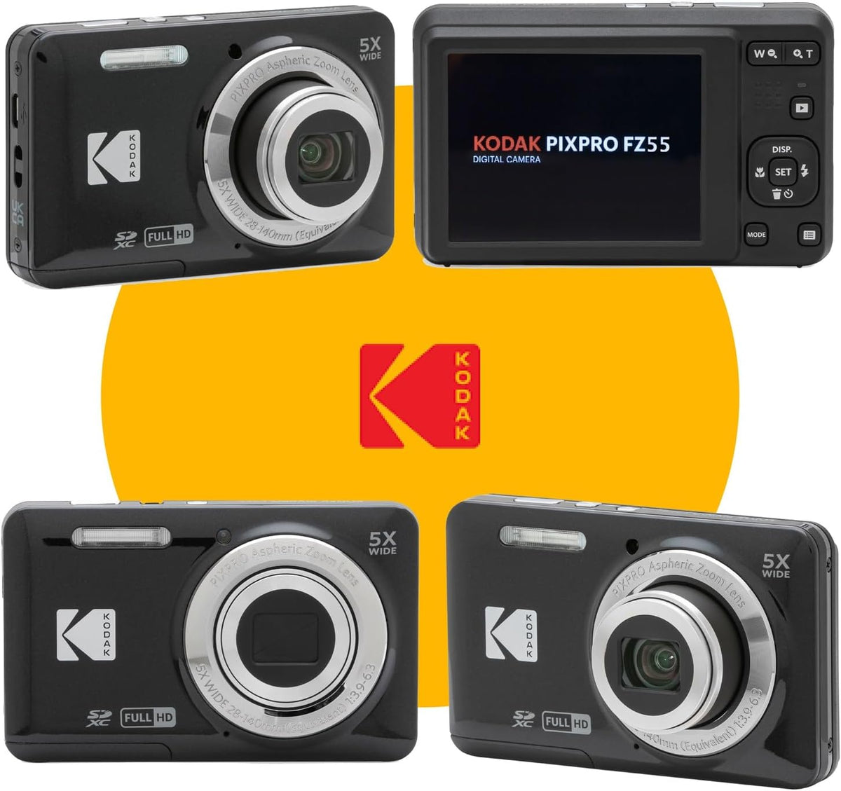 KODAK PIXPRO FZ55 16MP Digital Point & Shoot Camera, 5X Optical Zoom, 28mm Wide Angle, 1080P Full HD Video, Bundle with 32GB SD Card, Protective Case, and Hi-Speed Card Reader (Black)