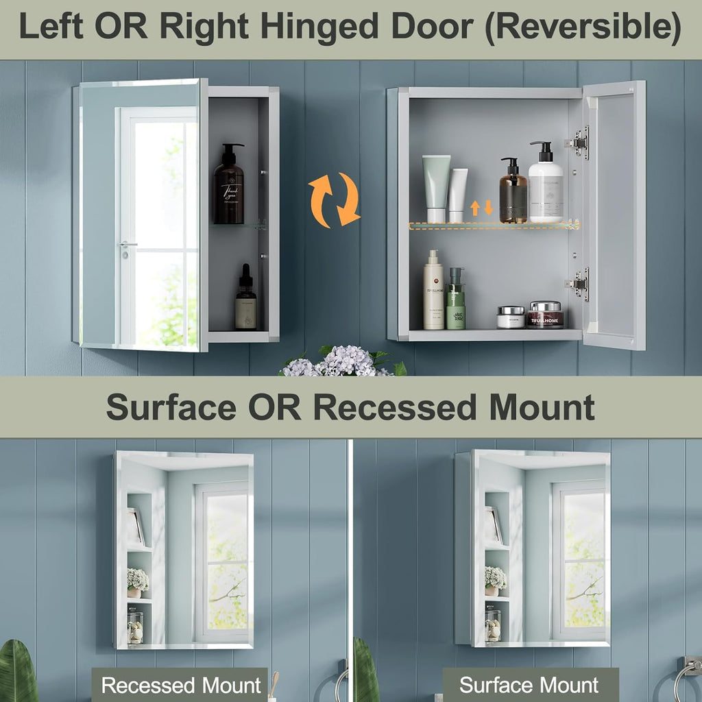 14x18 Inch Aluminum Medicine Cabinet with Beveled Mirror, Assembly Needed, Recessed or Wall Mount, 1 Adjustable Tempered Glass Shelf, Side Mirrors, Reversable Door, Rectangular Silver Edge