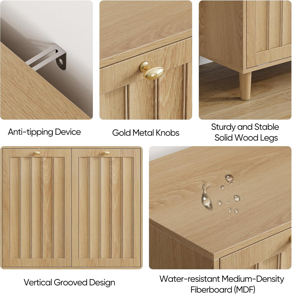 Double Tilt Out Laundry Cabinet,Natural Oak Fluted Finish, Smooth Tilt-Out Hidden Storage, Multi-Functional Organizer for Laundry Room Bathroom Kitchen Utility Space